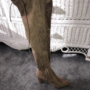 Over the knee high tan velvet boots